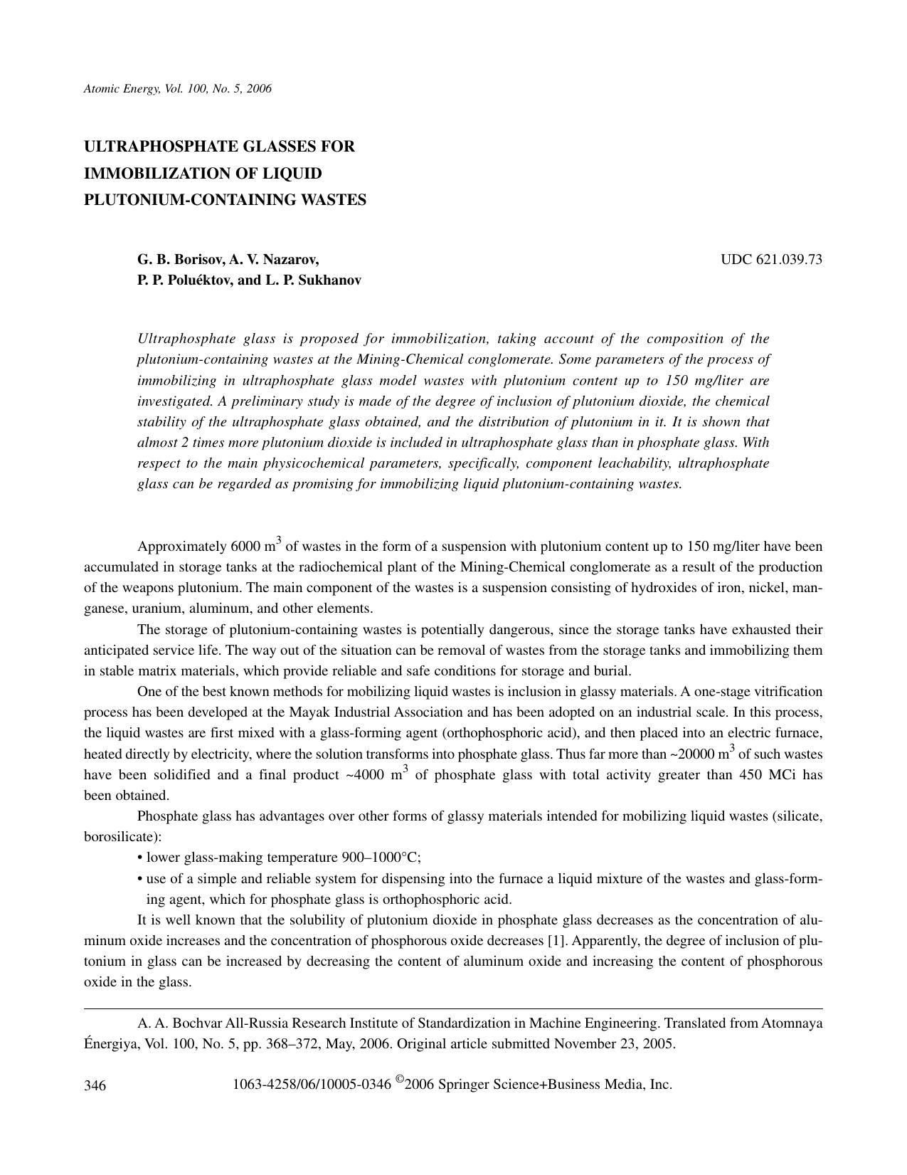 Ultraphosphate glasses for immobilization of liquid plutonium-containing wastes by Unknown