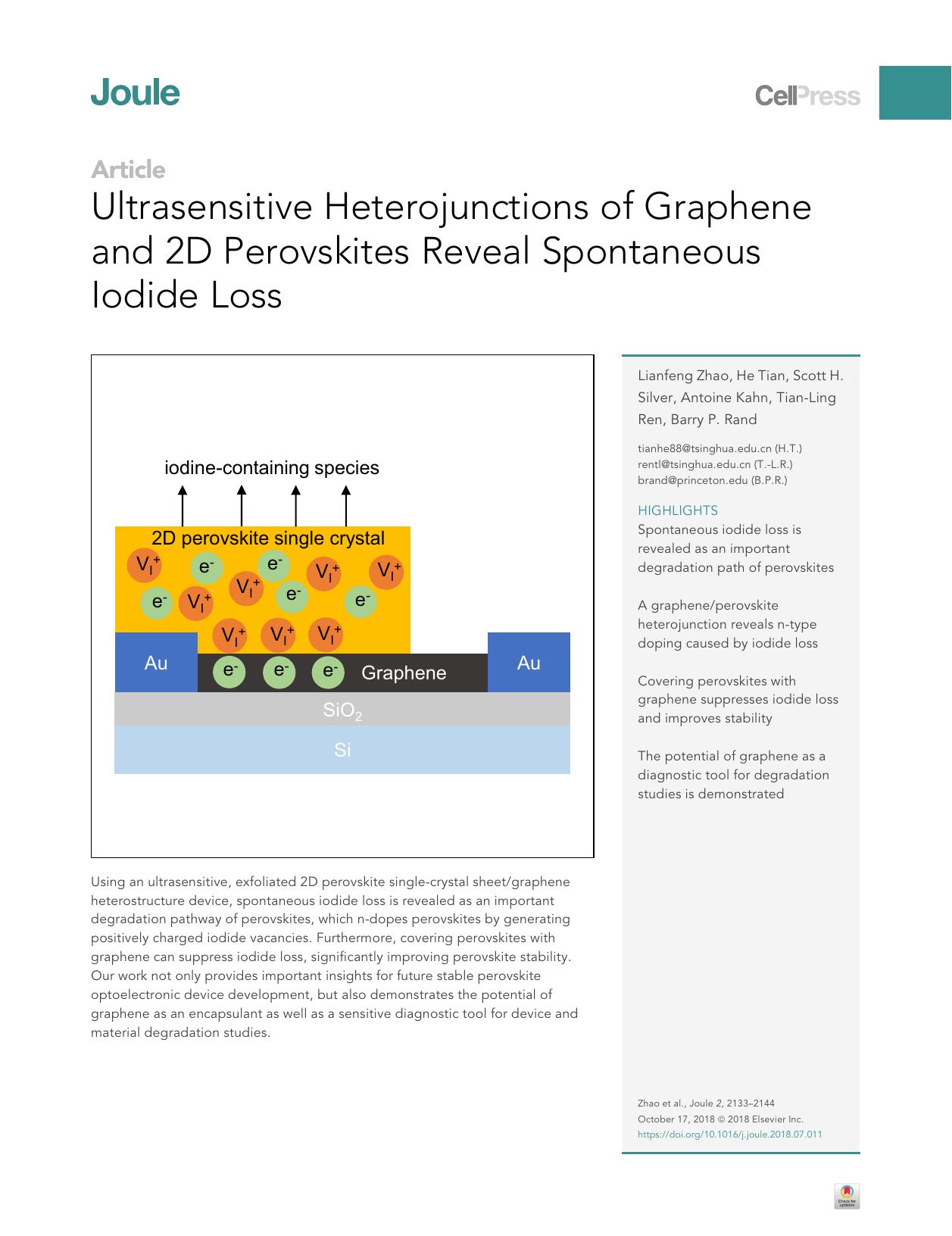 Ultrasensitive Heterojunctions of Graphene and 2D Perovskites Reveal Spontaneous Iodide Loss by Lianfeng Zhao & He Tian & Scott H. Silver & Antoine Kahn & Tian-Ling Ren & Barry P. Rand