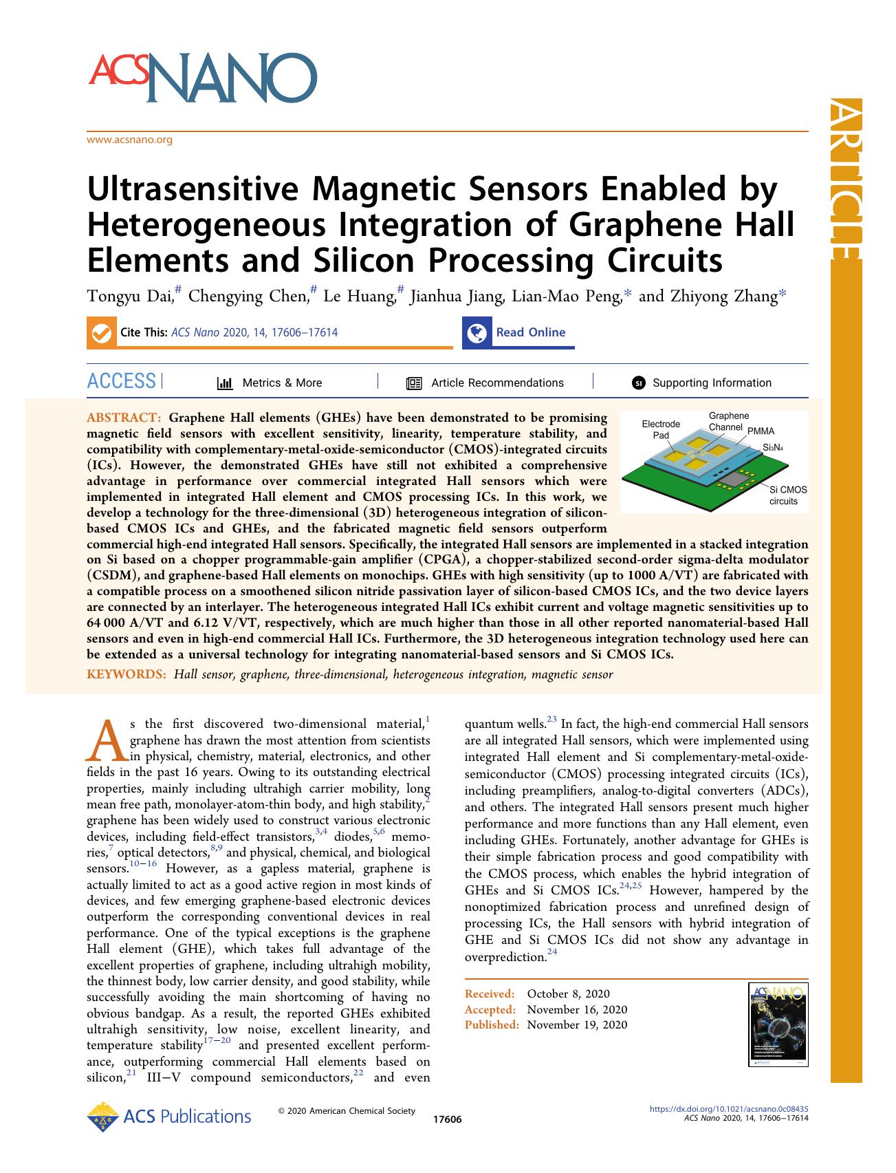Ultrasensitive Magnetic Sensors Enabled by Heterogeneous Integration of Graphene Hall Elements and Silicon Processing Circuits by Tongyu Dai Chengying Chen Le Huang Jianhua Jiang Lian-Mao Peng and Zhiyong Zhang