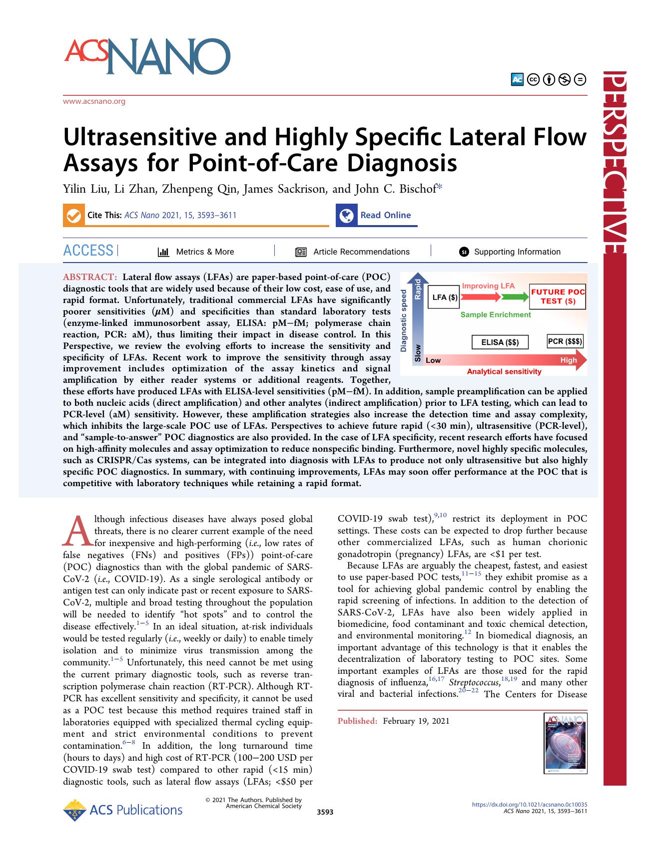 Ultrasensitive and Highly Specific Lateral Flow Assays for Point-of-Care Diagnosis by Yilin Liu Li Zhan Zhenpeng Qin James Sackrison and John C. Bischof