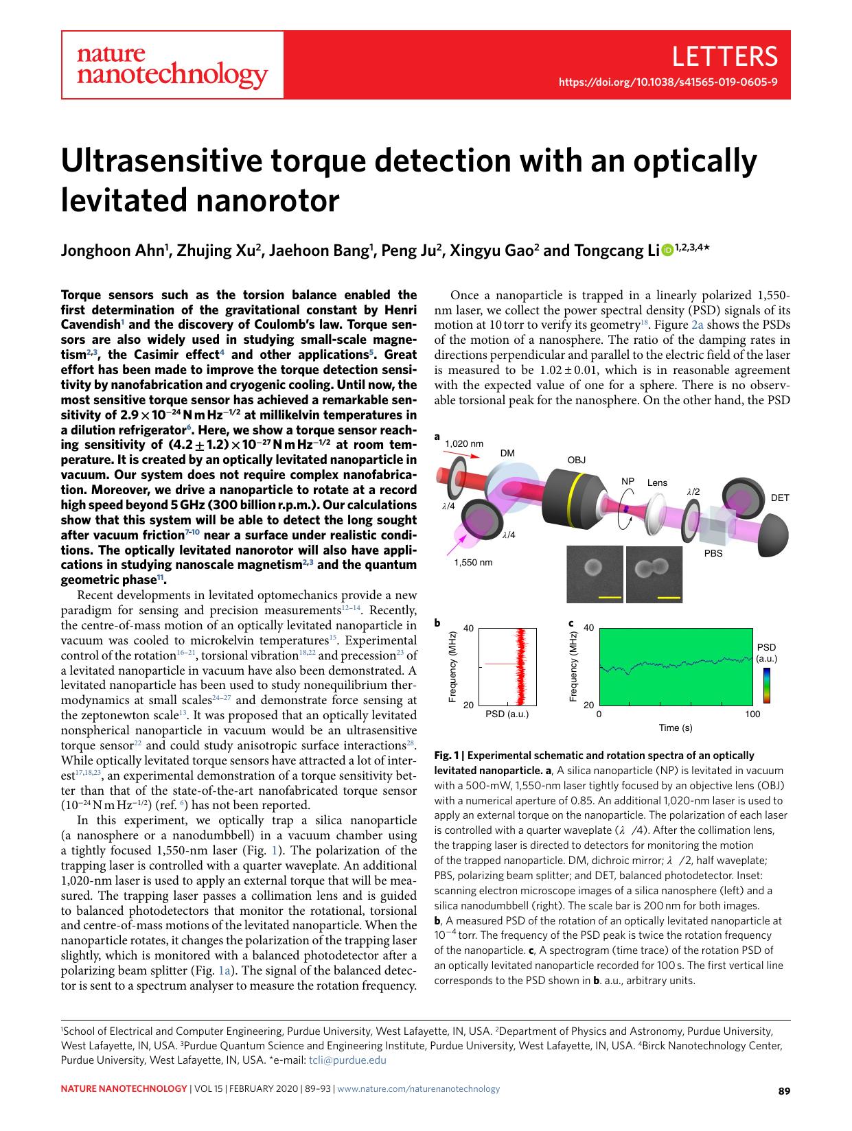 Ultrasensitive torque detection with an optically levitated nanorotor by Jonghoon Ahn & Zhujing Xu & Jaehoon Bang & Peng Ju & Xingyu Gao & Tongcang Li