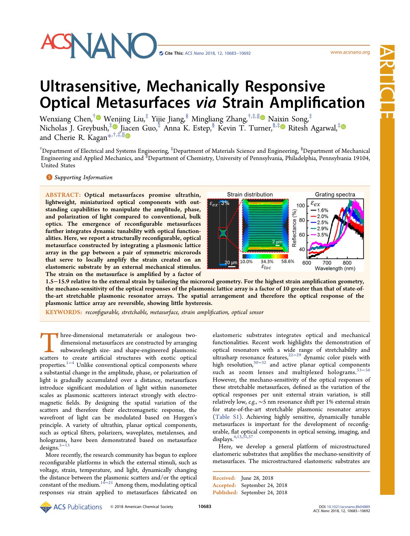 Ultrasensitive, Mechanically Responsive Optical Metasurfaces via Strain Amplification by unknow