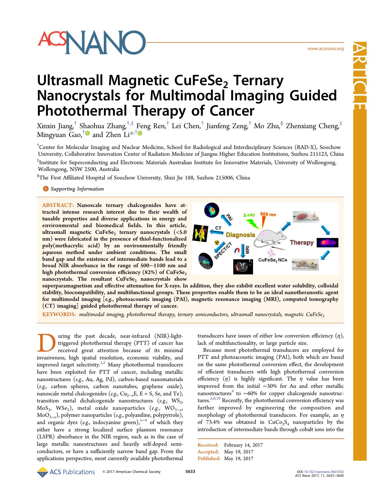 Ultrasmall Magnetic CuFeSe2 Ternary Nanocrystals for Multimodal Imaging Guided Photothermal Therapy of Cancer by unknow