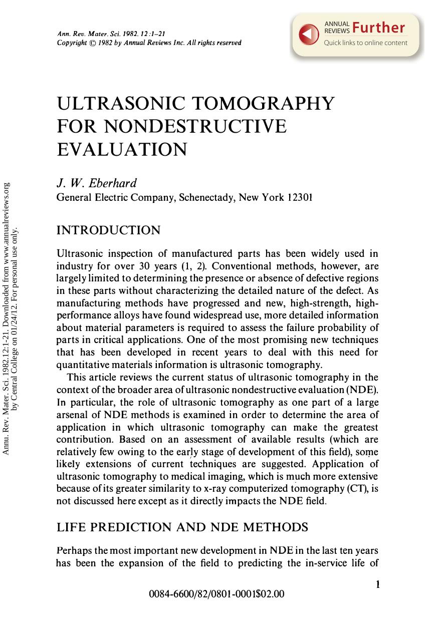 Ultrasonic Tomography for Nondestructive Evaluation by J W Eberhard