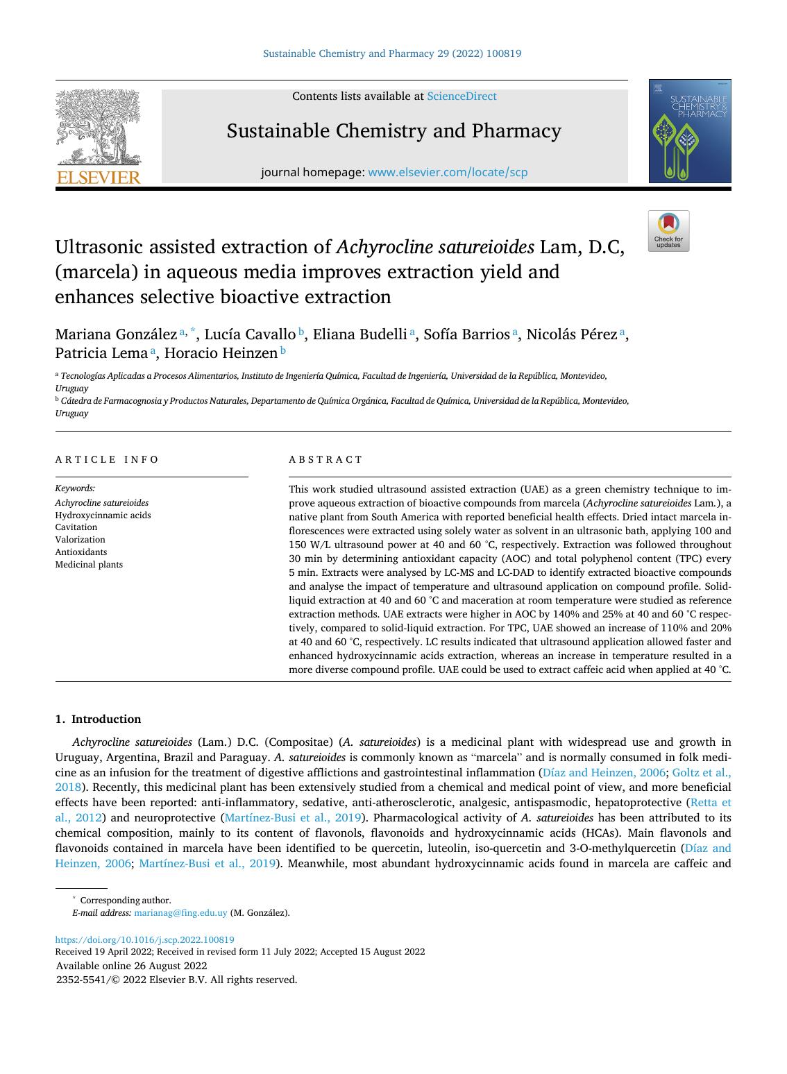 Ultrasonic assisted extraction of Achyrocline satureioides Lam, D.C, (marcela) in aqueous media improves extraction yield and enhances selective bioactive extraction by unknow