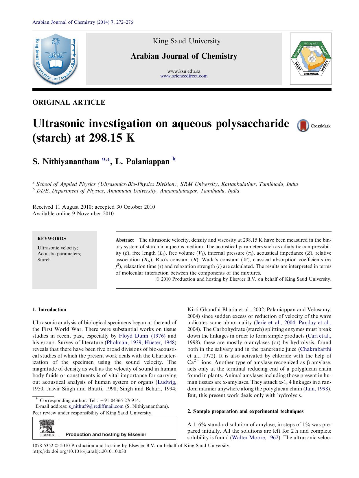 Ultrasonic investigation on aqueous polysaccharide (starch) at 298.15 K by S. Nithiyanantham & L. Palaniappan