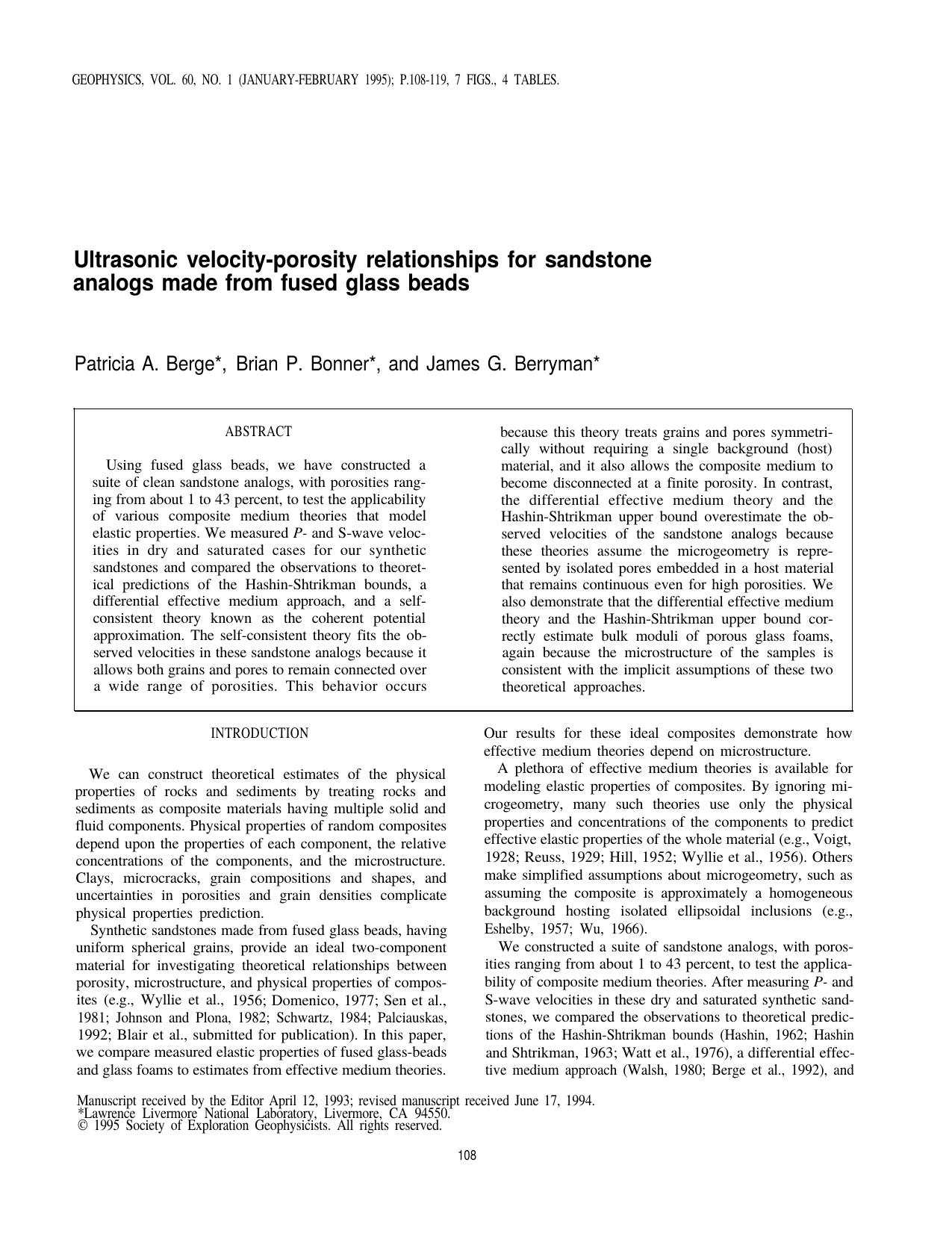 Ultrasonic velocity-porosity relationships for sandstone analogs made from fused glass beads by B.P. Bonner J. G. Berryman P.A. Berge