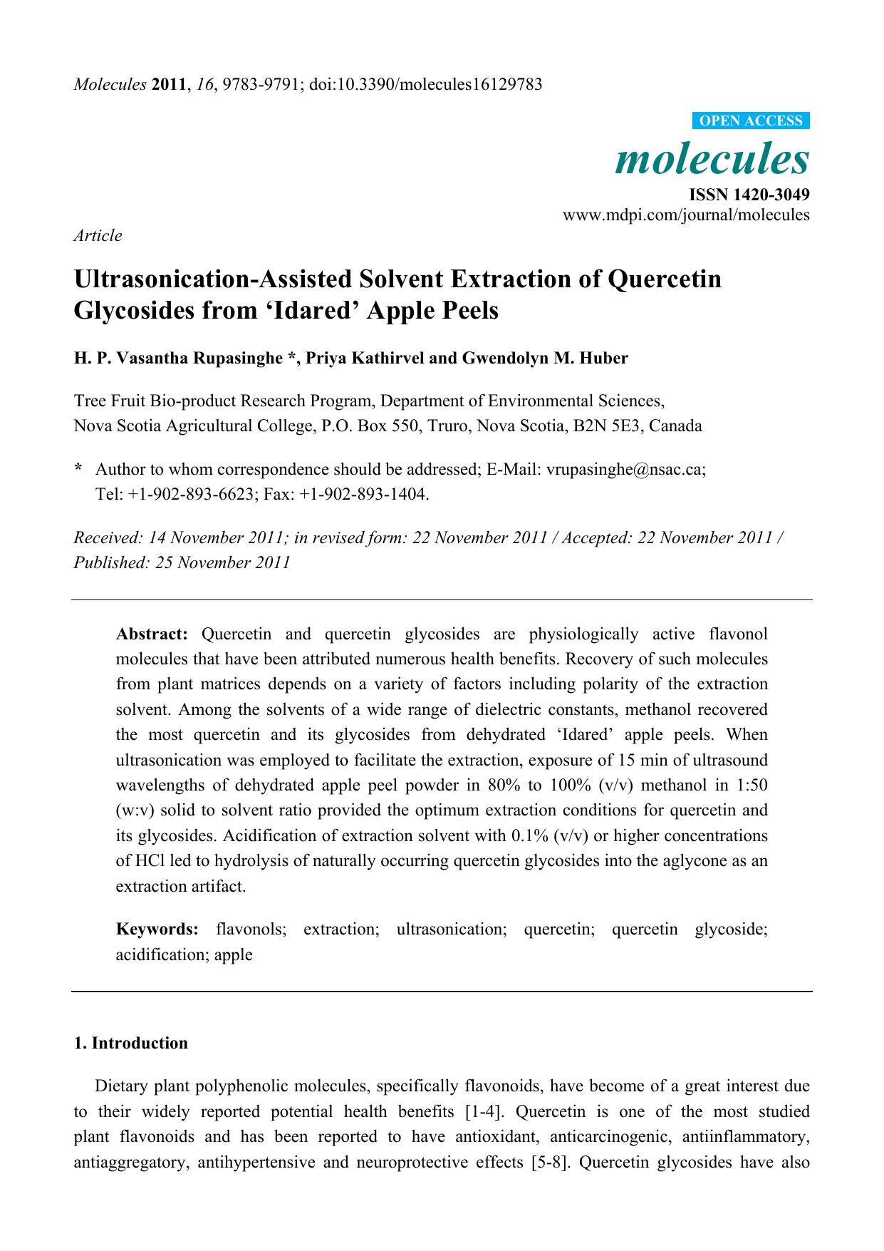 Ultrasonication-Assisted Solvent Extraction of Quercetin Glycosides from âIdaredâ Apple Peels by H. P. Vasantha Rupasinghe * & Priya Kathirvel and Gwendolyn M. Huber
