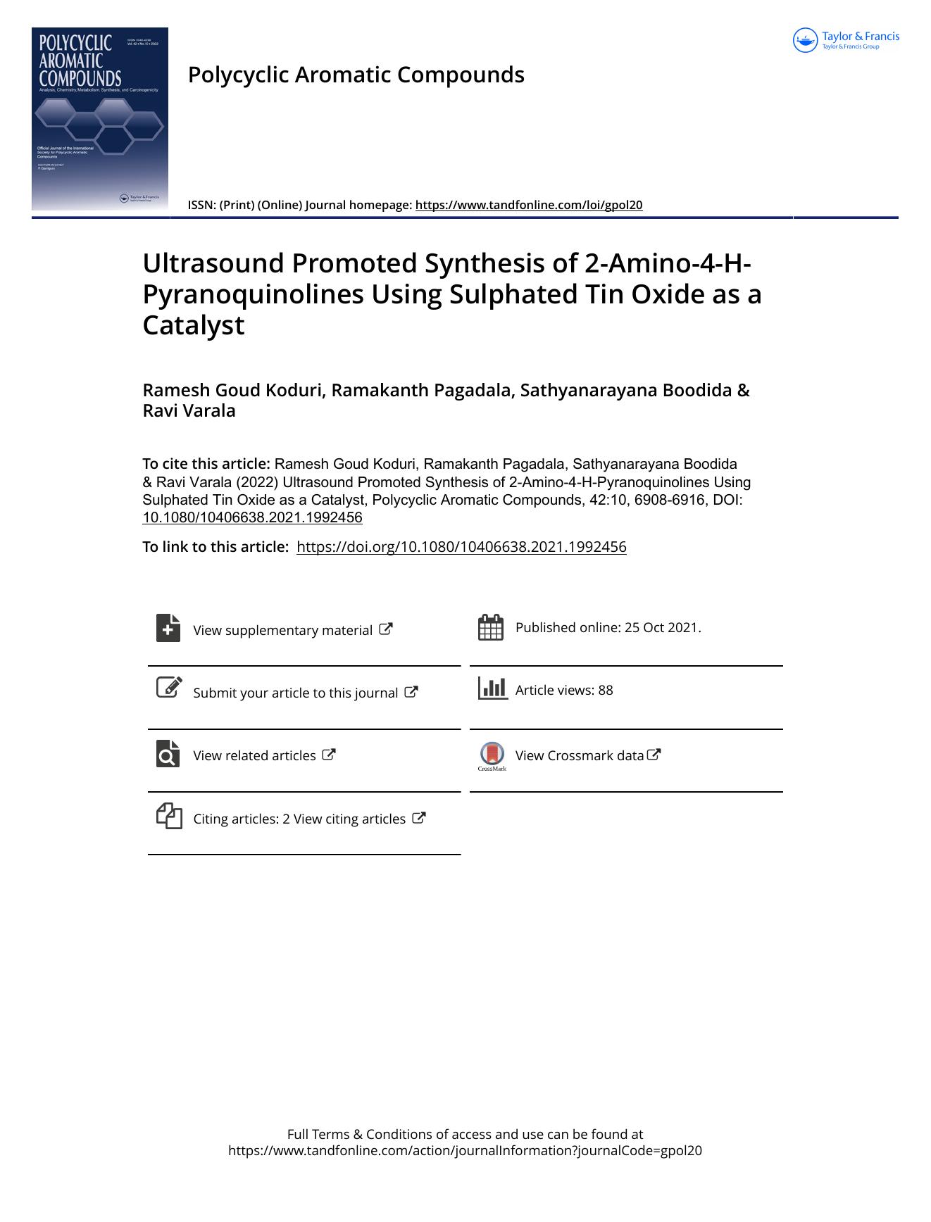 Ultrasound Promoted Synthesis of 2-Amino-4-H-Pyranoquinolines Using Sulphated Tin Oxide as a Catalyst by Koduri Ramesh Goud & Pagadala Ramakanth & Boodida Sathyanarayana & Varala Ravi