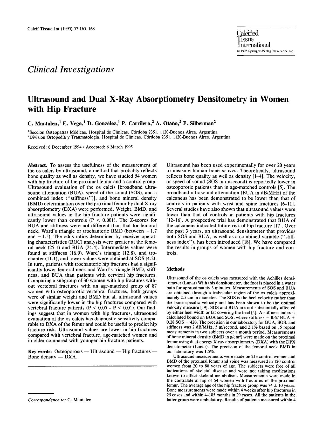 Ultrasound and dual X-ray absorptiometry densitometry in women with hip fracture by Unknown