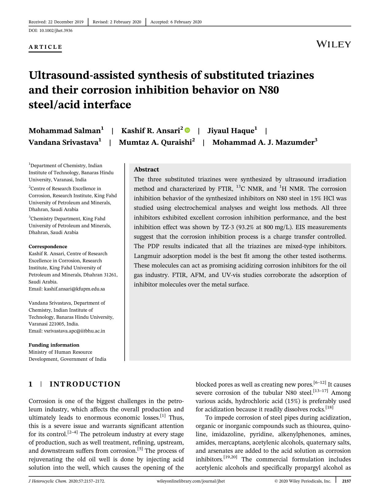 Ultrasound assisted Synthesis of substituted triazines and their corrosion inhibition behavior on N80 steelacid interface by Unknown