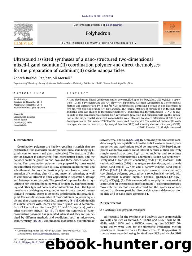 Ultrasound assisted syntheses of a nano-structured two-dimensional mixed-ligand cadmium(II) coordination polymer and direct thermolyses for the preparation of cadmium(II) oxide nanoparticles by Zohreh Rashidi Ranjbar & Ali Morsali
