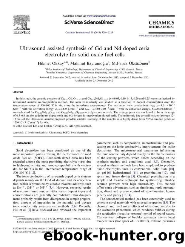 Ultrasound assisted synthesis of Gd and Nd doped ceria electrolyte for solid oxide fuel cells by Hikmet Okkay & Mahmut Bayramoğlu & M.Faruk Öksüzömer