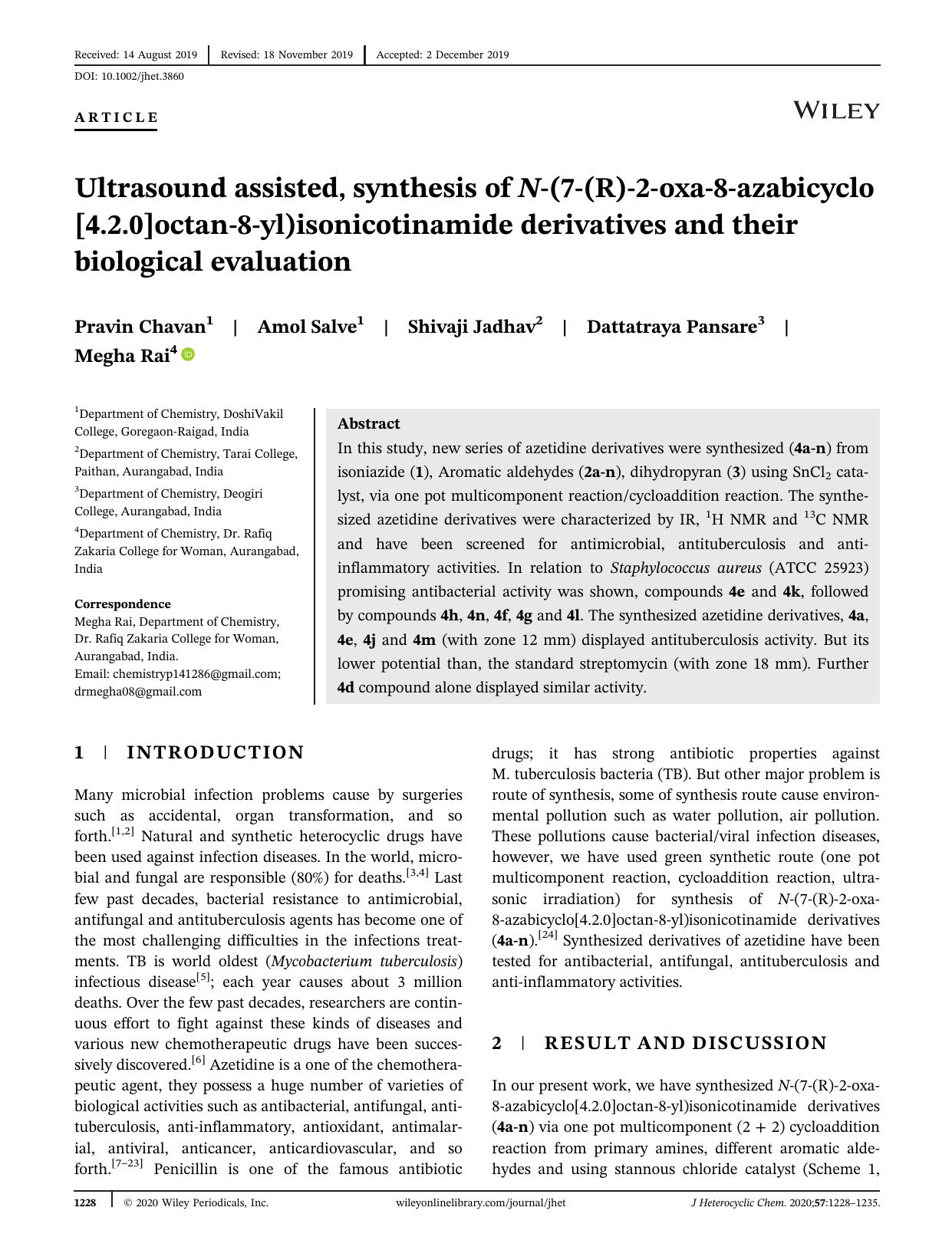 Ultrasound assisted, synthesis of Nâ(7â(R)â2âoxaâ8âazabicyclo[4.2.0]octanâ8âyl)isonicotinamide derivatives and their biological evaluation by Pravin Chavan Amol Salve Shivaji Jadhav Dattatraya Pansare Megha Rai