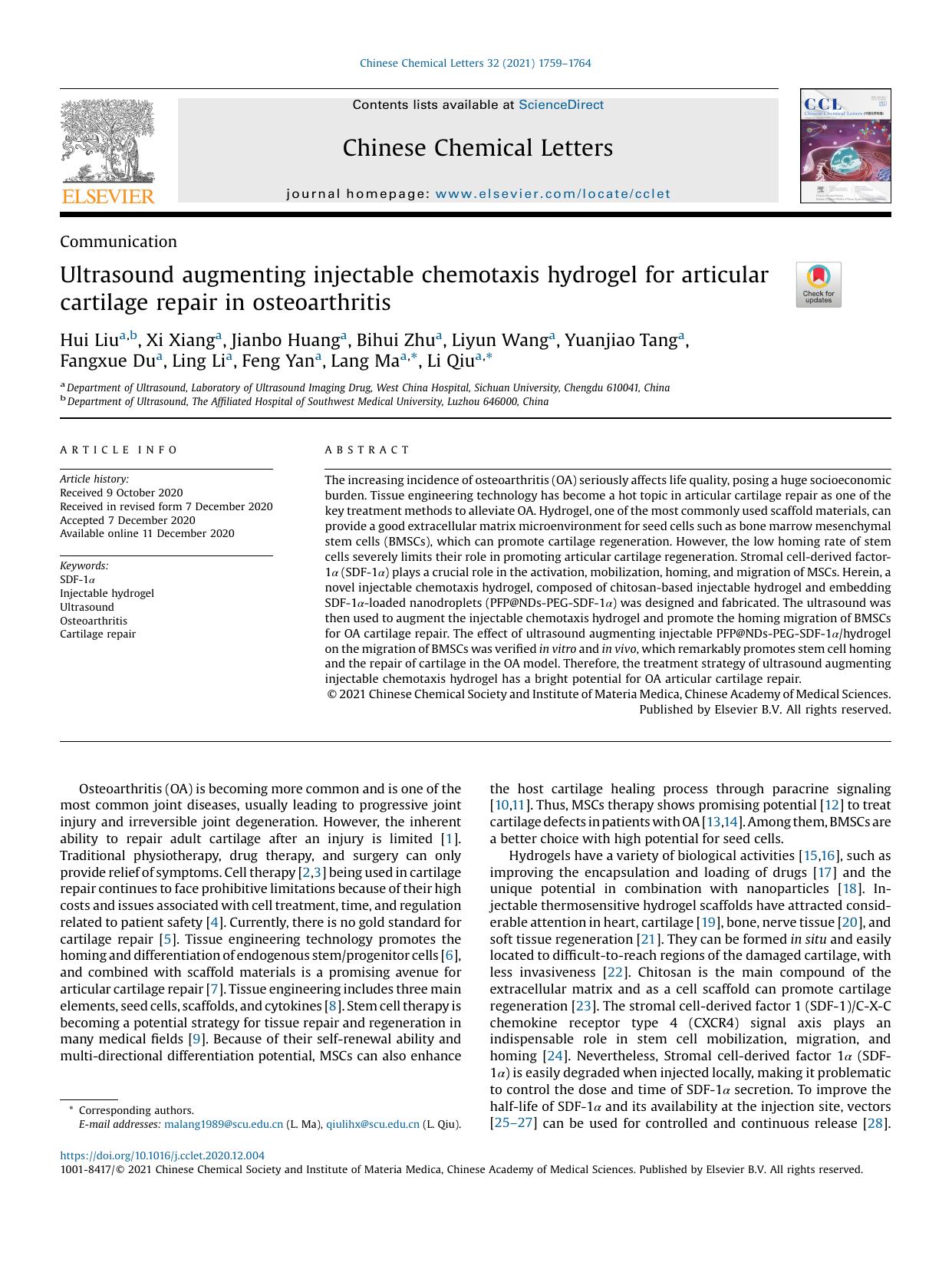 Ultrasound augmenting injectable chemotaxis hydrogel for articular cartilage repair in osteoarthritis by unknow