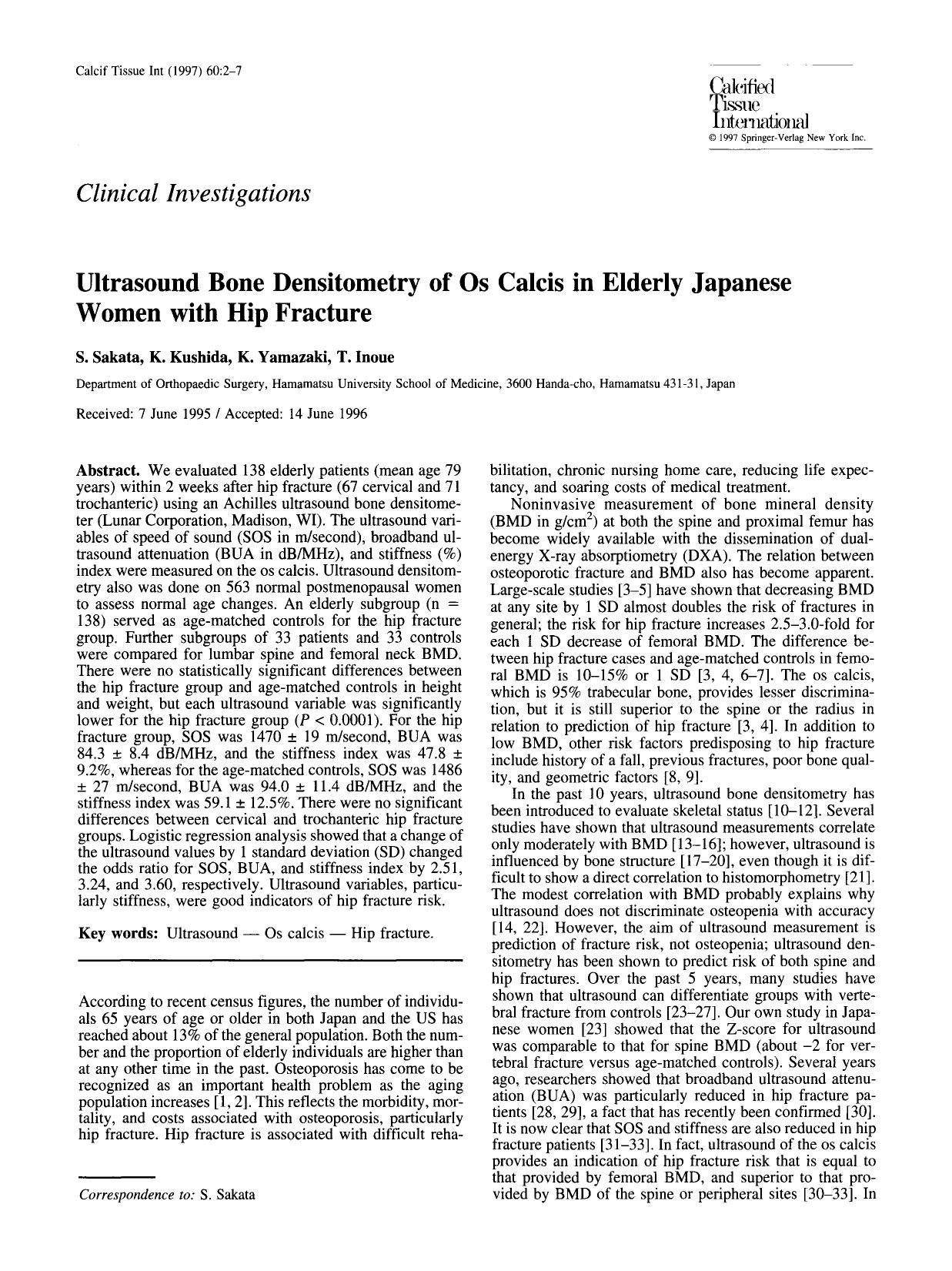 Ultrasound bone densitometry of Os calcis in elderly Japanese women with hip fracture by Unknown