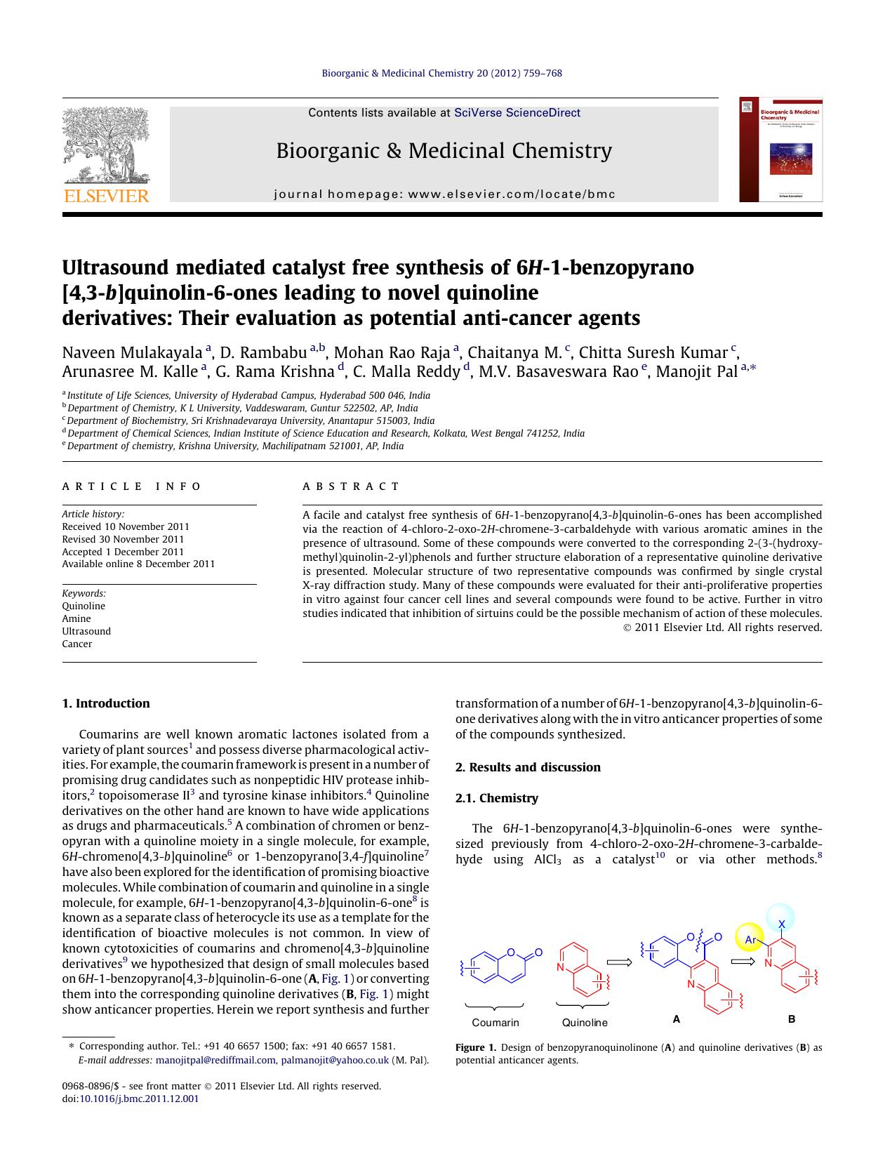 Ultrasound mediated catalyst free synthesis of 6H-1-benzopyrano[4,3-b]quinolin-6-ones leading to novel quinoline derivatives: Their evaluation as potential anti-cancer agents by unknow