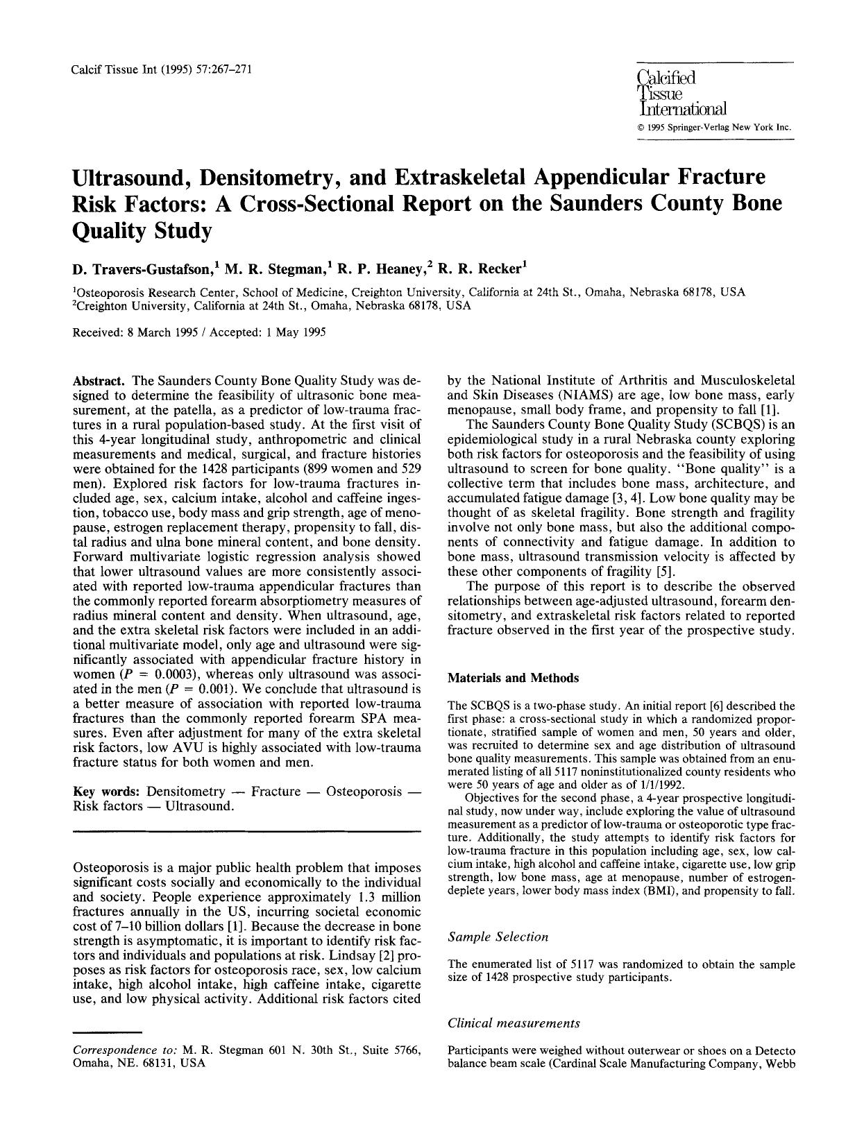 Ultrasound, densitometry, and extraskeletal appendicular fracture risk factors: A cross-sectional report on The Saunders County Bone Quality Study by Unknown