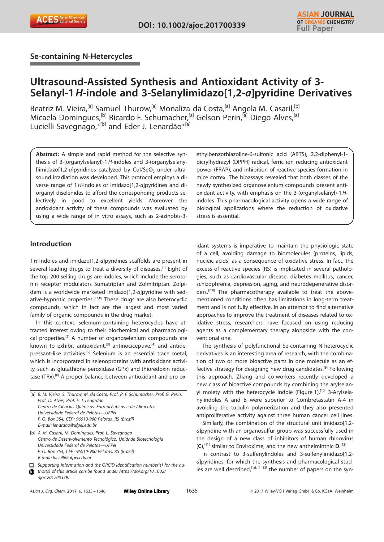 UltrasoundâAssisted Synthesis and Antioxidant Activity of 3âSelanylâ1âHâindole and 3âSelanylimidazo[1,2âa]pyridine Derivatives by Unknown