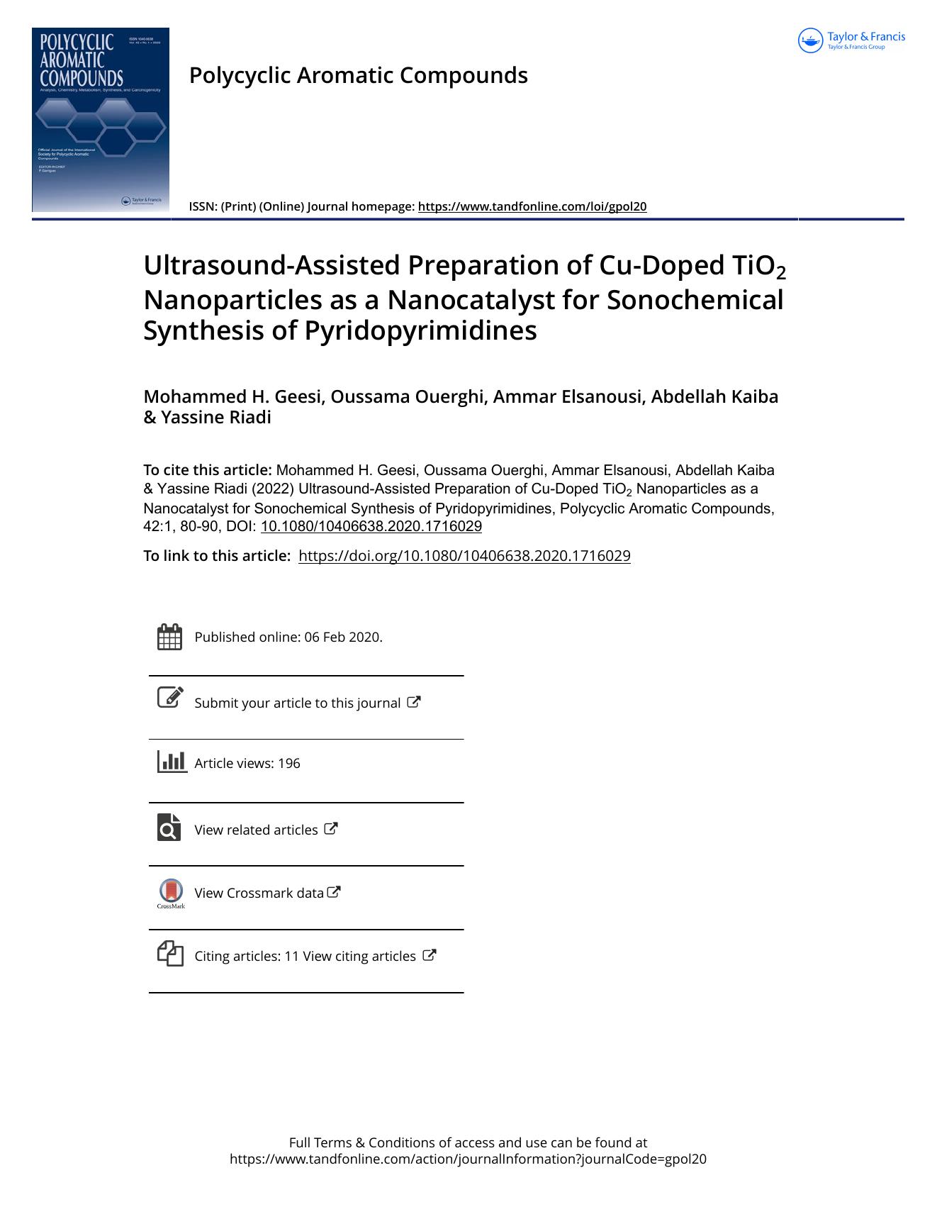 Ultrasound-Assisted Preparation of Cu-Doped TiO2 Nanoparticles as a Nanocatalyst for Sonochemical Synthesis of Pyridopyrimidines by Geesi Mohammed H. & Ouerghi Oussama & Elsanousi Ammar & Kaiba Abdellah & Riadi Yassine