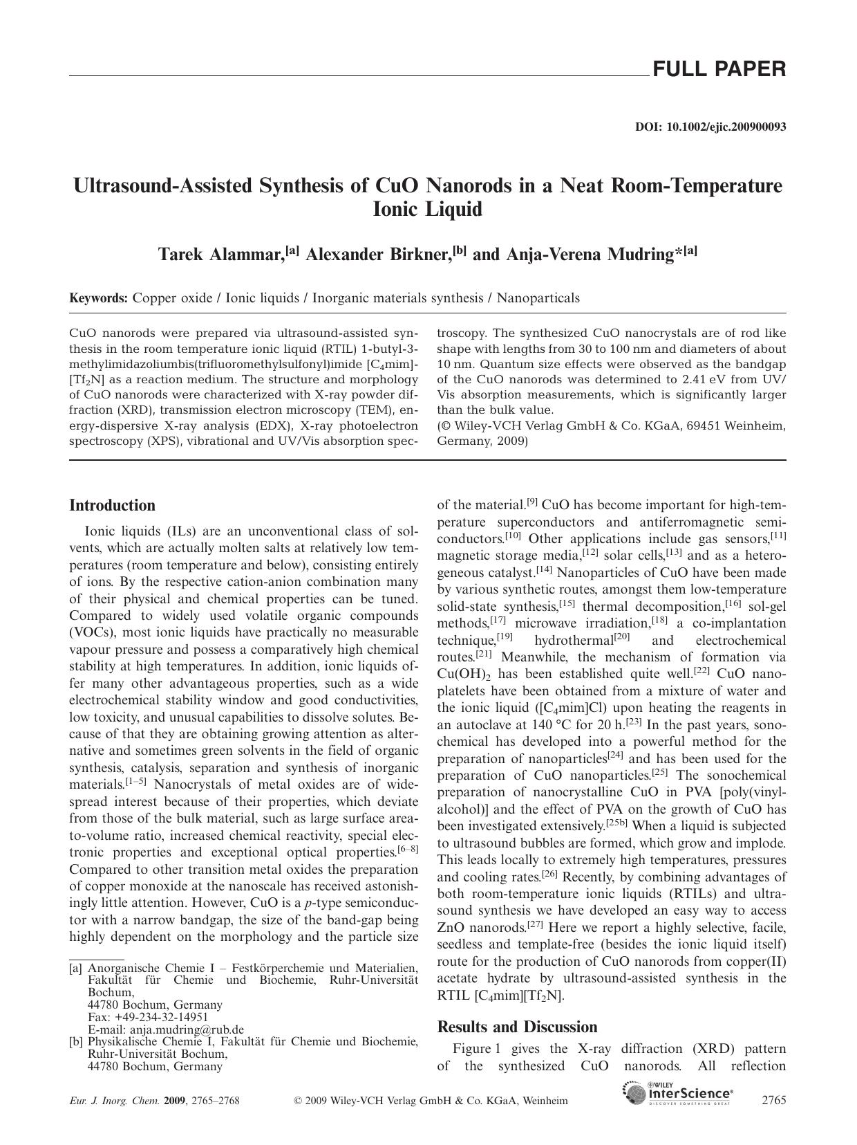 Ultrasound-Assisted Synthesis of CuO Nanorods in a Neat Room-Temperature Ionic Liquid by Unknown