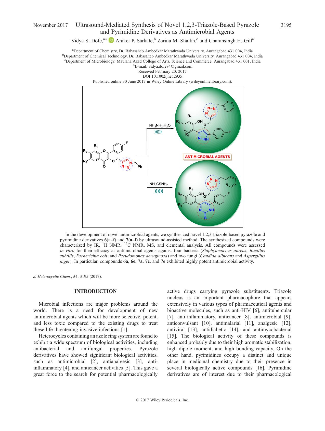 Ultrasound-Mediated Synthesis of Novel 1,2,3-Triazole-Based Pyrazole and Pyrimidine Derivatives as Antimicrobial Agents by Vidya S. Dofe Aniket P. Sarkate Zarina M. Shaikh Charansingh H. Gill