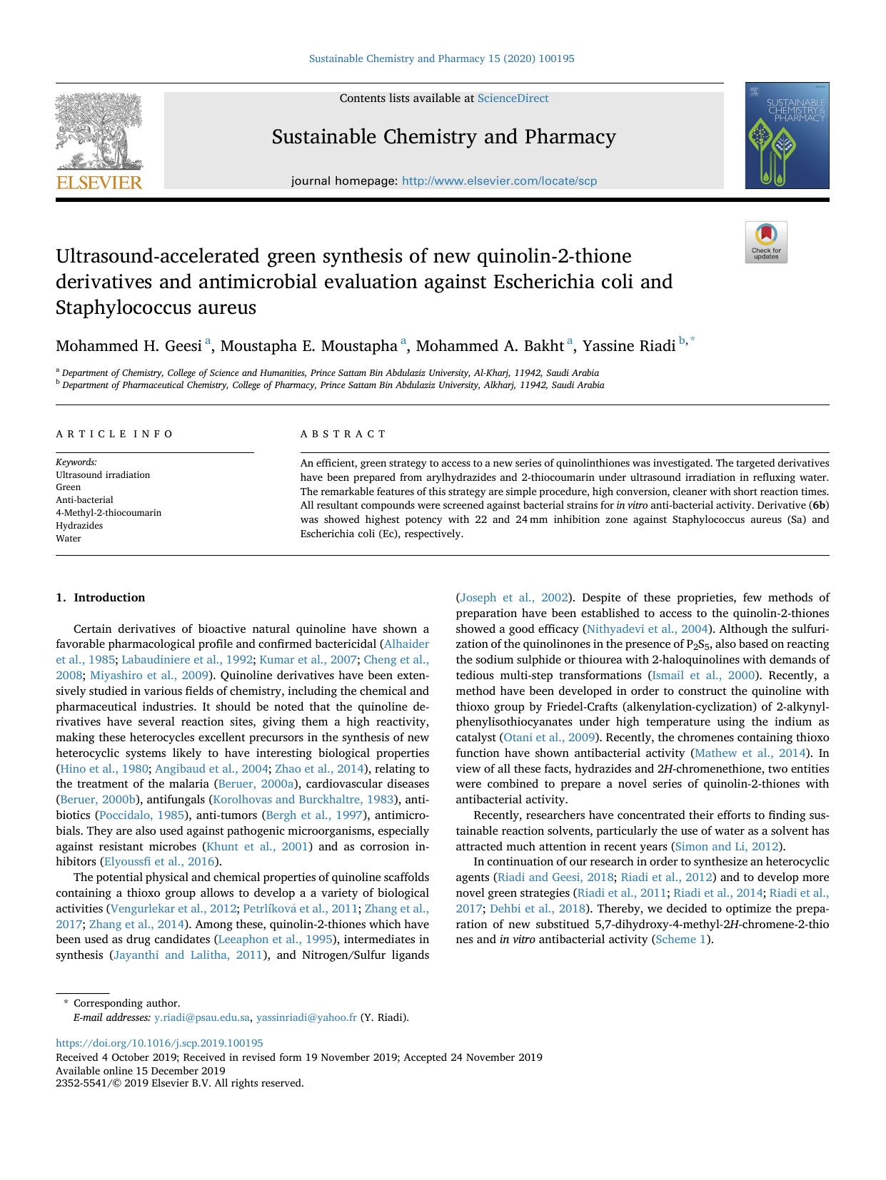 Ultrasound-accelerated green synthesis of new quinolin-2-thione derivatives and antimicrobial evaluation against Escherichia coli and Staphylococcus aureus by Mohammed H. Geesi & Moustapha E. Moustapha & Mohammed A. Bakht & Yassine Riadi