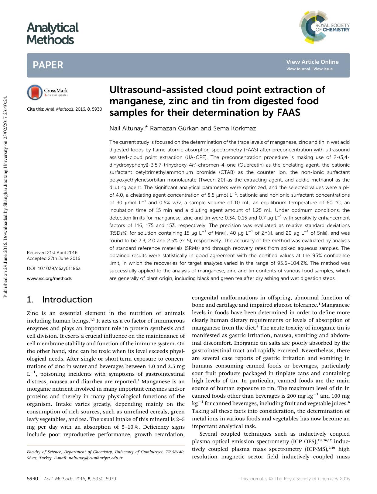 Ultrasound-assisted cloud point extraction of manganese, zinc and tin from digested food samples for their determination by FAAS by Nail Altunay & Ramazan Gürkan & Sema Korkmaz