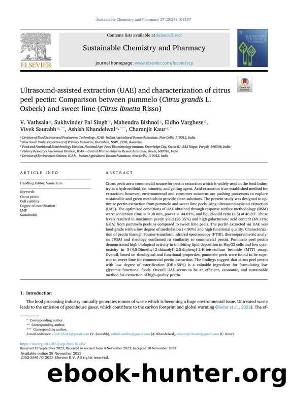 Ultrasound-assisted extraction (UAE) and characterization of citrus peel pectin: Comparison between pummelo ( Citrus grandis L. Osbeck) and sweet lime ( Citrus limetta Risso) by unknow