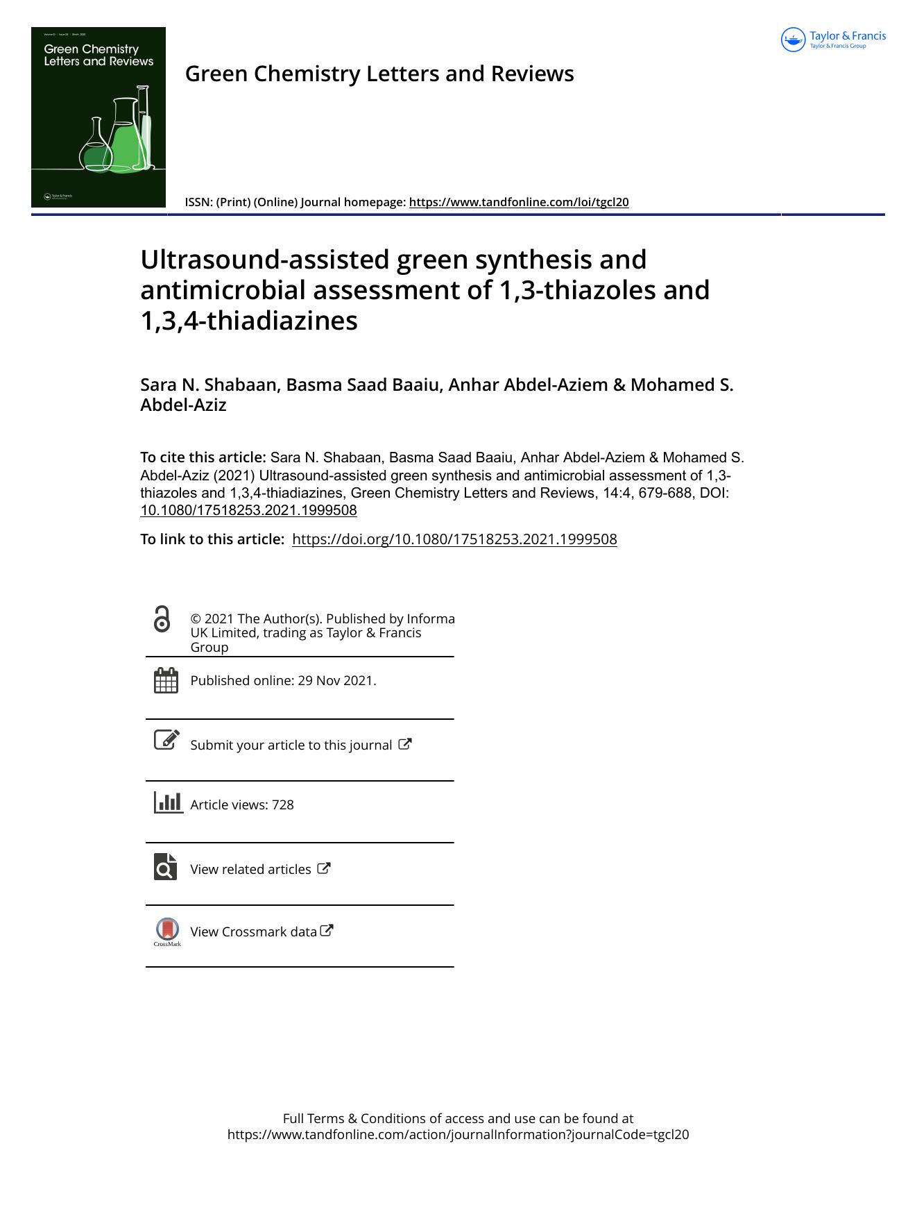 Ultrasound-assisted green synthesis and antimicrobial assessment of 1,3-thiazoles and 1,3,4-thiadiazines by Sara N. Shabaan & Mohamed S. Abdel-Aziz