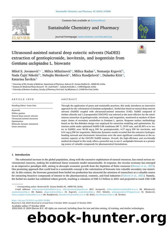 Ultrasound-assisted natural deep eutectic solvents (NaDES) extraction of gentiopicroside, isovitexin, and isogentisin from Gentiana asclepiadea L. biowaste by unknow
