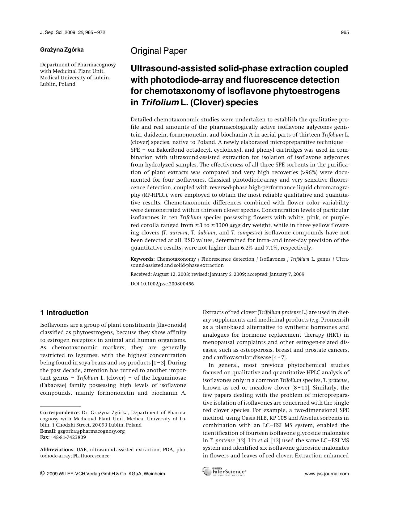 Ultrasound-assisted solid-phase extraction coupled with photodiode-array and fluorescence detection for chemotaxonomy of isoflavone phytoestrogens in Trifolium L. (Clover) species by Unknown