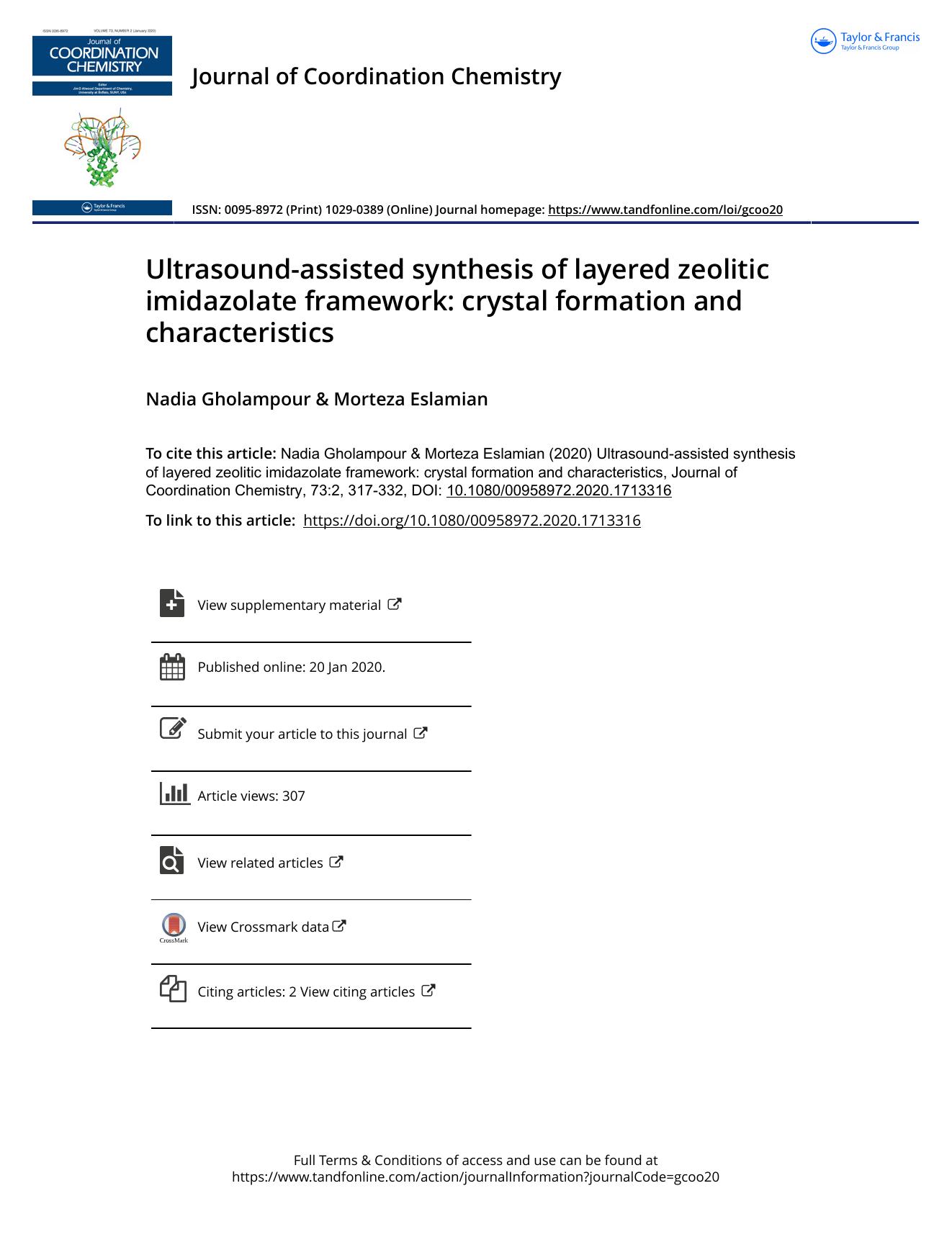Ultrasound-assisted synthesis of layered zeolitic imidazolate framework: crystal formation and characteristics by Gholampour Nadia & Eslamian Morteza