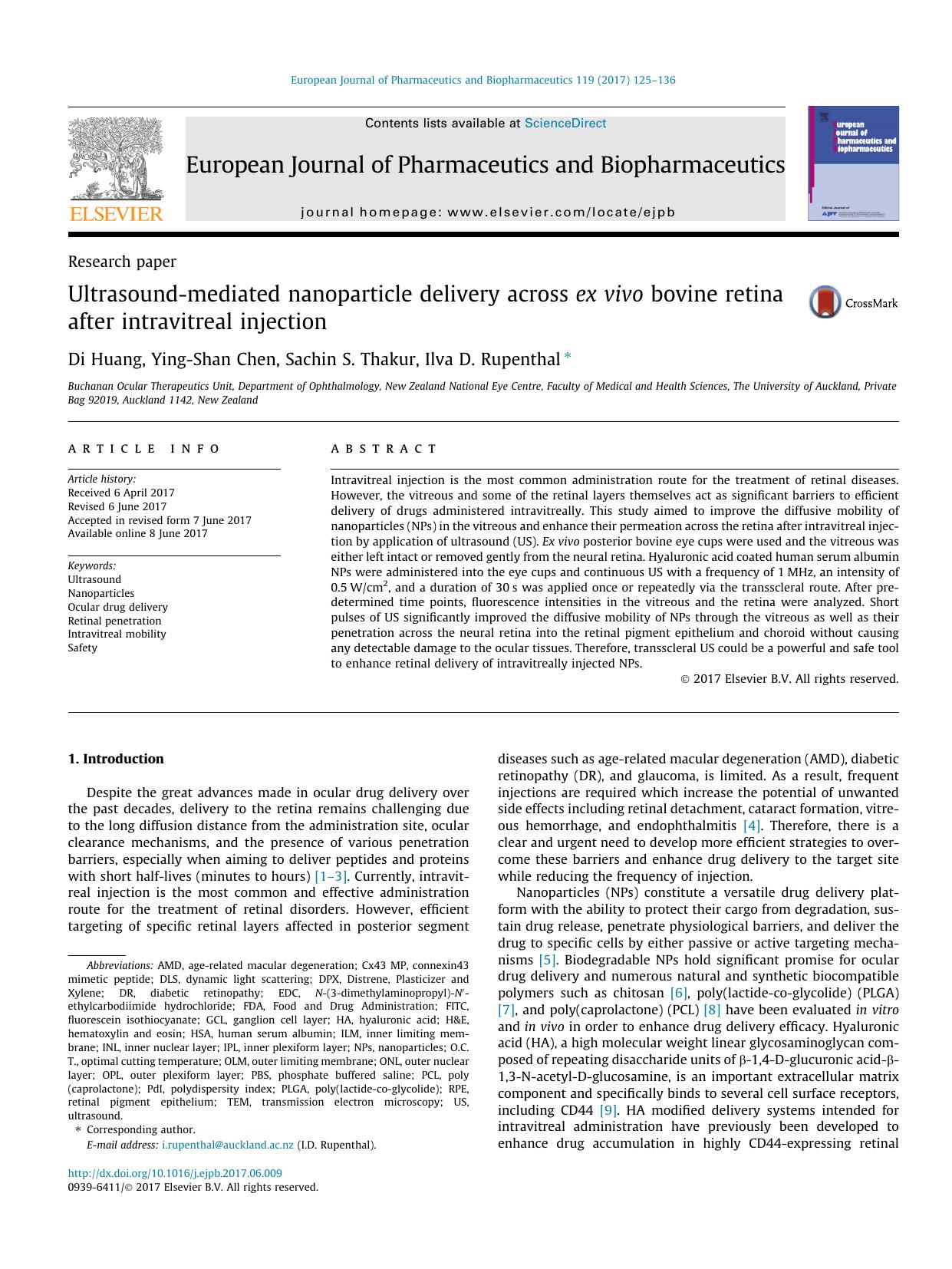 Ultrasound-mediated nanoparticle delivery across ex vivo bovine retina after intravitreal injection by Di Huang & Ying-Shan Chen & Sachin S. Thakur & Ilva D. Rupenthal