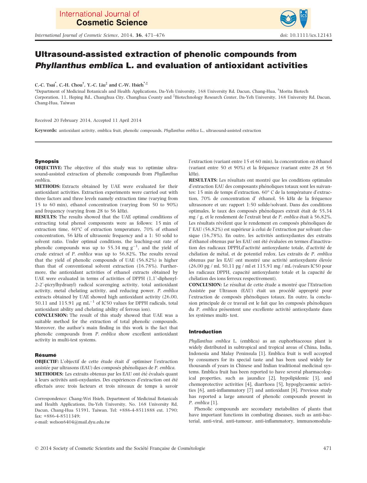 Ultrasoundassisted extraction of phenolic compounds from Phyllanthus emblica L. and evaluation of antioxidant activities by Unknown