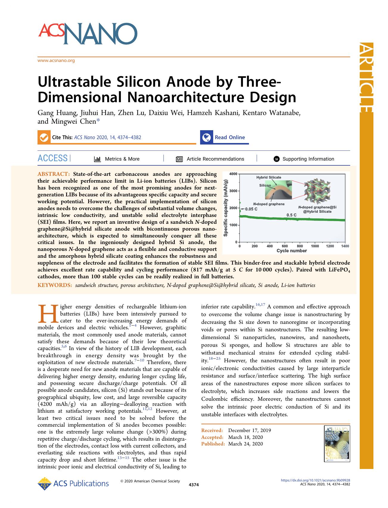 Ultrastable Silicon Anode by Three-Dimensional Nanoarchitecture Design by Gang Huang Jiuhui Han Zhen Lu Daixiu Wei Hamzeh Kashani Kentaro Watanabe and Mingwei Chen