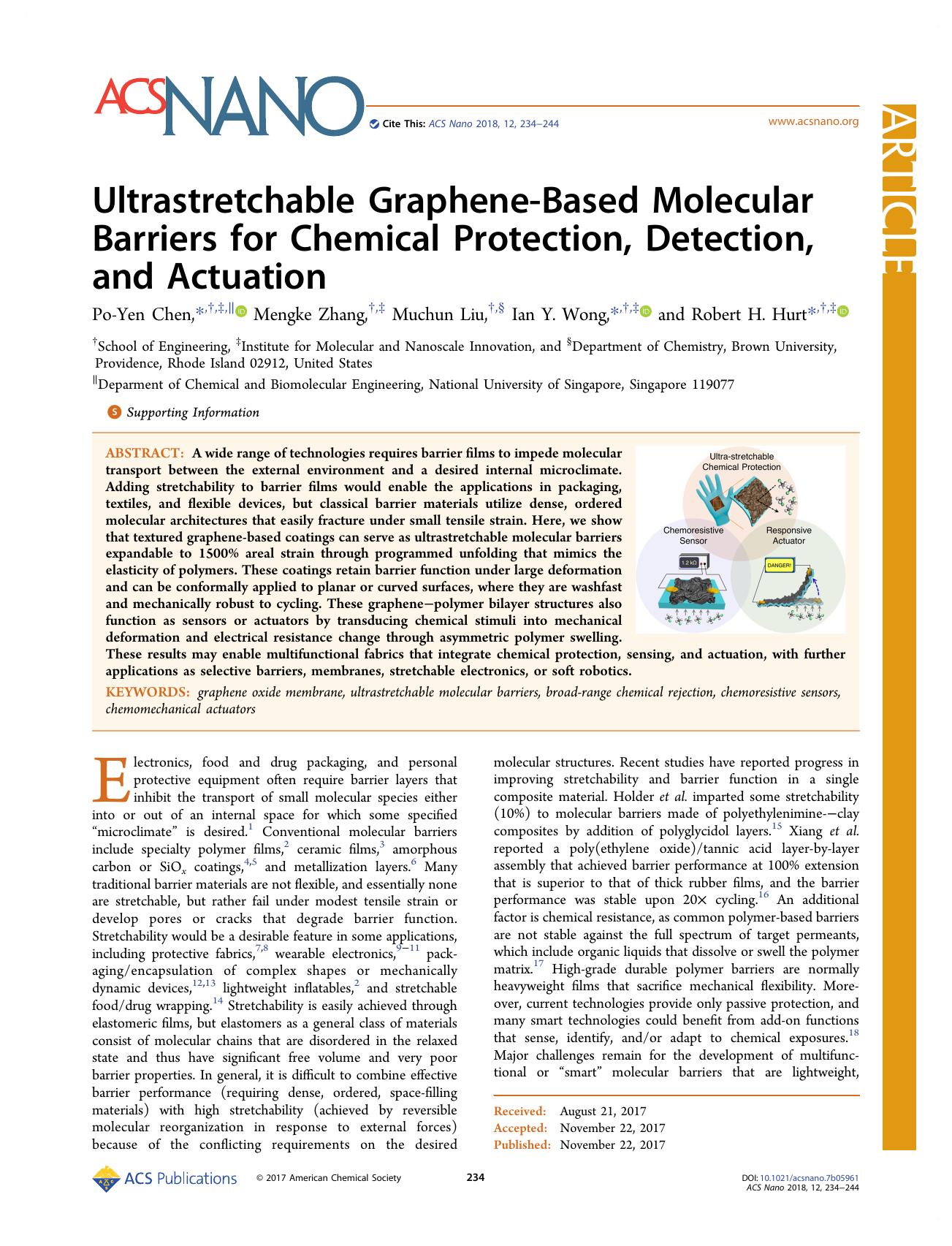 Ultrastretchable Graphene-Based Molecular Barriers for Chemical Protection, Detection, and Actuation by Po-Yen Chen Mengke Zhang Muchun Liu Ian Y. Wong and Robert H. Hurt