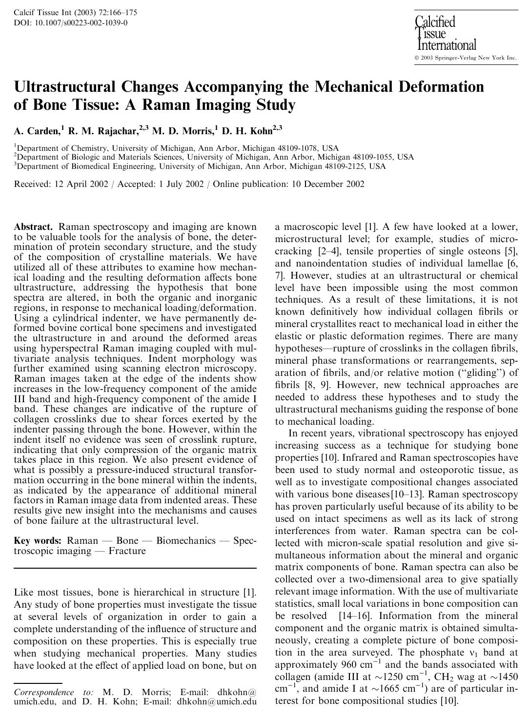 Ultrastructural Changes Accompanying the Mechanical Deformation of Bone Tissue: A Raman Imaging Study by Carden A. et al