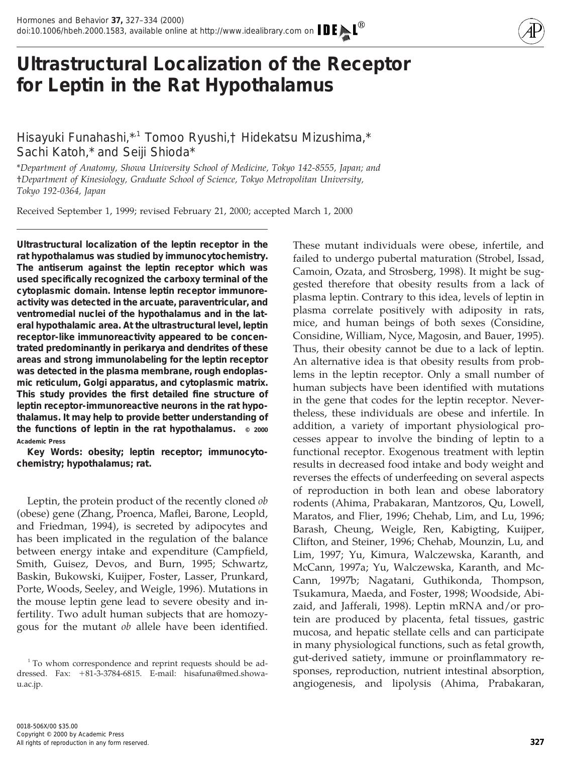 Ultrastructural Localization of the Receptor for Leptin in the Rat Hypothalamus by Funahashi H. et al