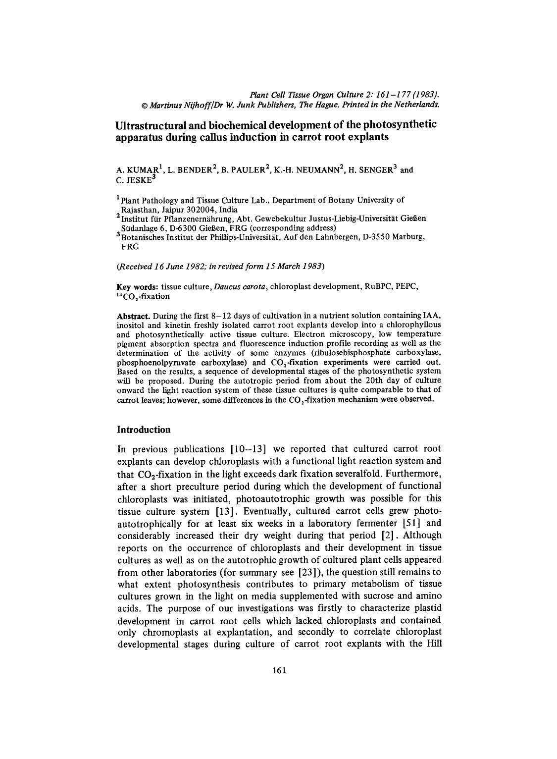 Ultrastructural and biochemical development of the photosynthetic apparatus during callus induction in carrot root explants by Unknown