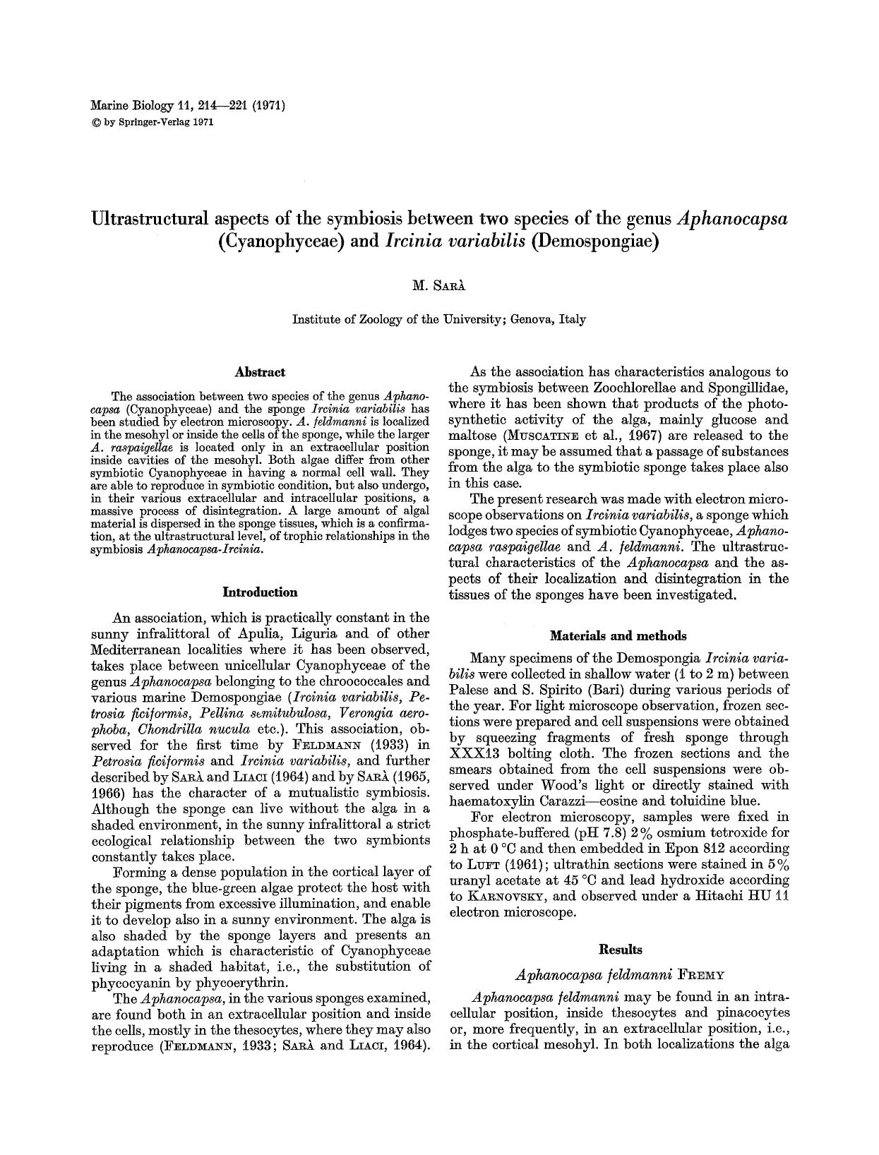 Ultrastructural aspects of the symbiosis between two species of the genus <Emphasis Type="Italic">Aphanocapsa<Emphasis> (Cyanophyceae) and <Emphasis Type="Italic">Ircinia variabili by Unknown