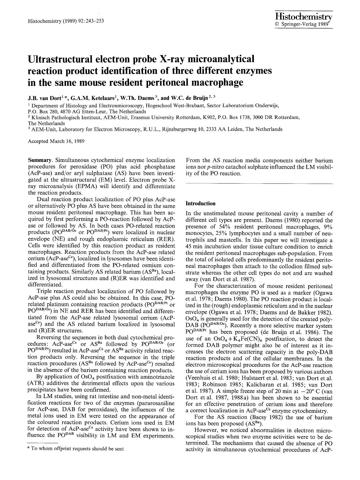 Ultrastructural electron probe X-ray microanalytical reaction product identification of three different enzymes in the same mouse resident peritoneal macrophage by Unknown