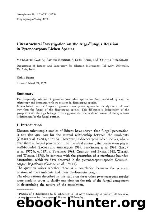Ultrastructural investigation on the alga-fungus relation in pyrenocarpous lichen species by Unknown