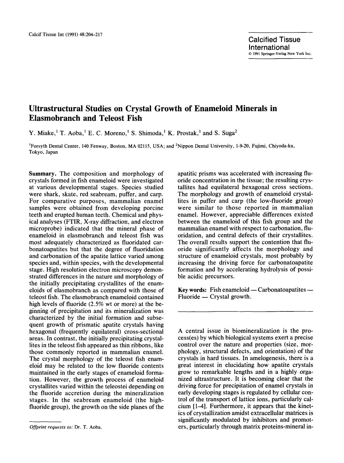 Ultrastructural studies on crystal growth of enameloid minerals in elasmobranch and teleost fish by Unknown