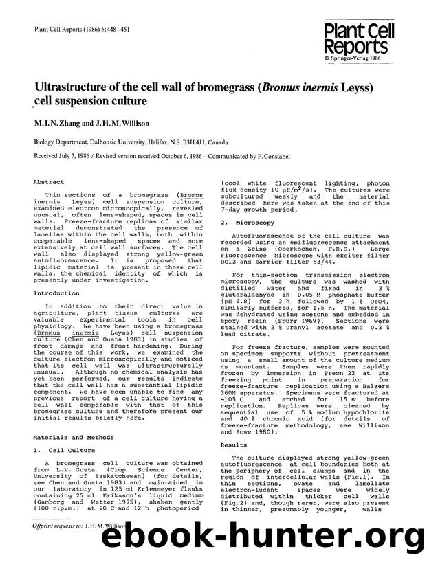 Ultrastructure of the cell wall of bromegrass (<Emphasis Type="Italic">Bromus inermis<Emphasis> Leyss) cell suspension culture by Unknown
