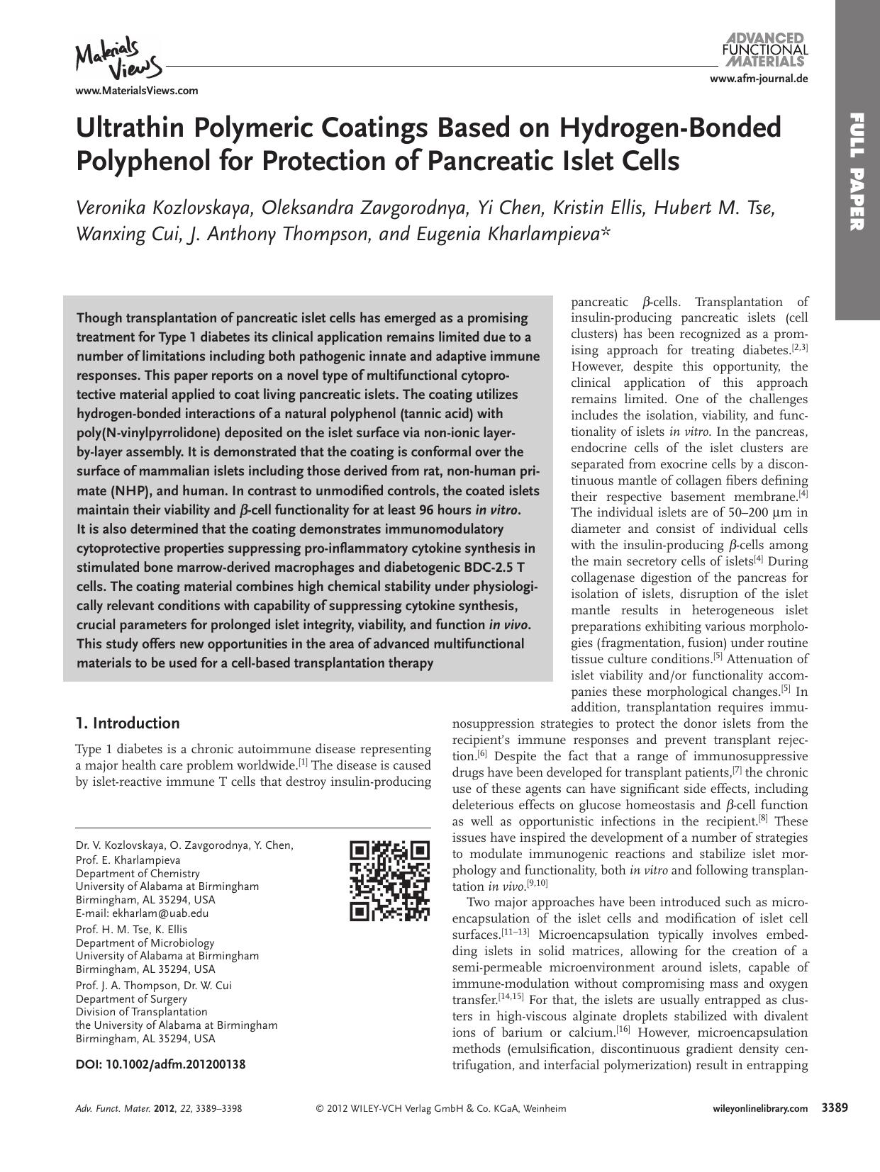 Ultrathin Polymeric Coatings Based on HydrogenBonded Polyphenol for Protection of Pancreatic Islet Cells by vng