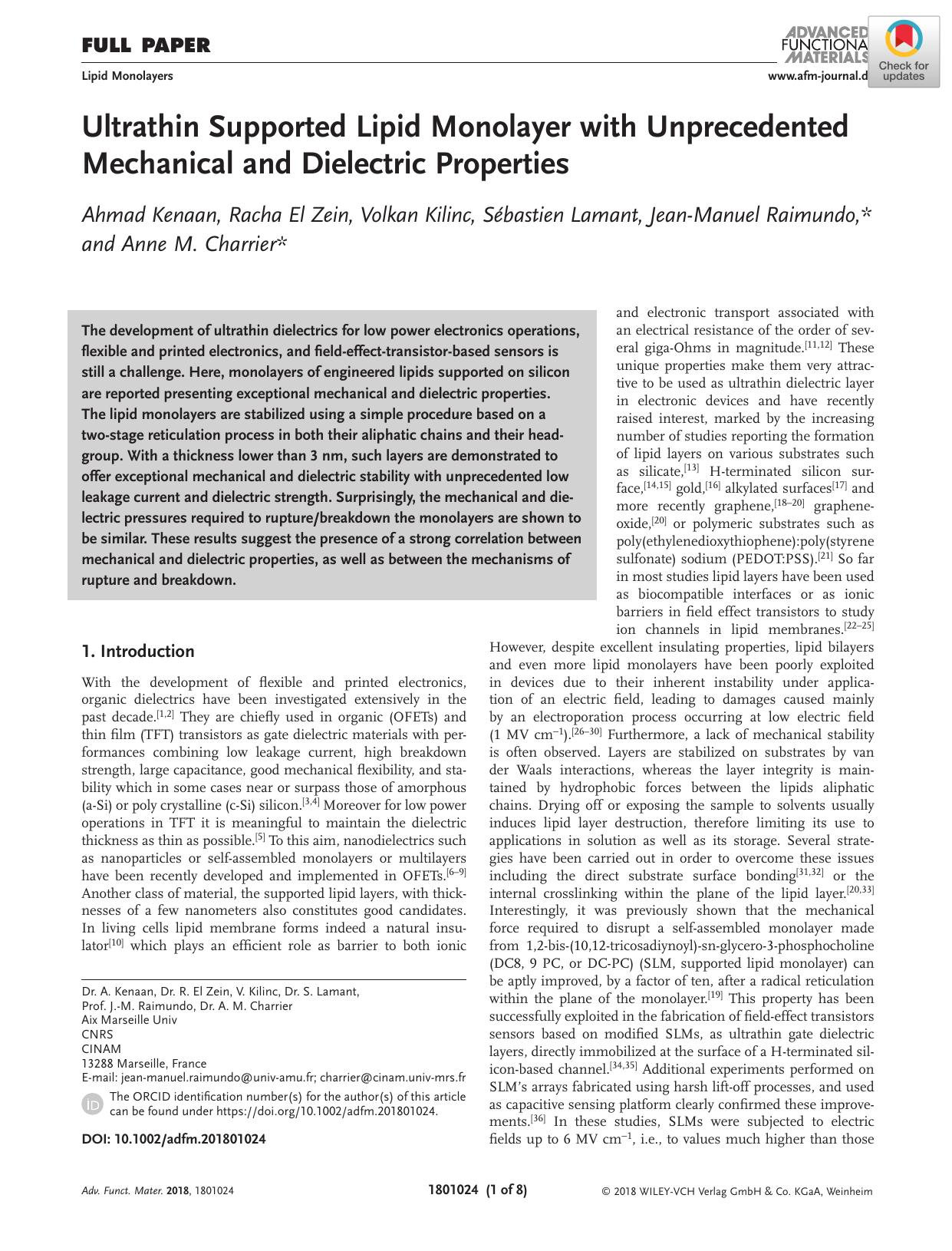 Ultrathin Supported Lipid Monolayer with Unprecedented Mechanical and Dielectric Properties by Unknown