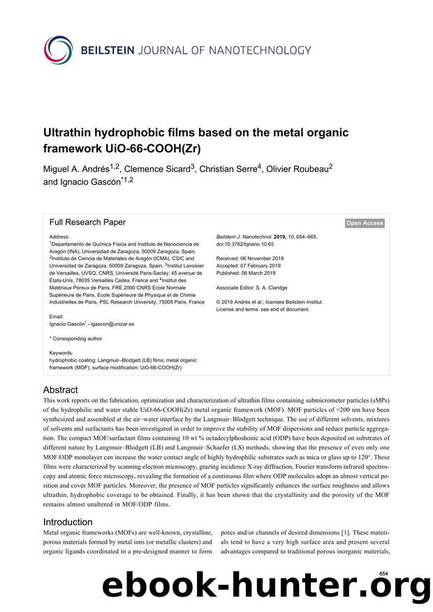 Ultrathin hydrophobic films based on the metal organic framework UiO-66-COOH(Zr) by Miguel A. Andrés Clemence Sicard Christian Serre Olivier Roubeau Ignacio Gascón