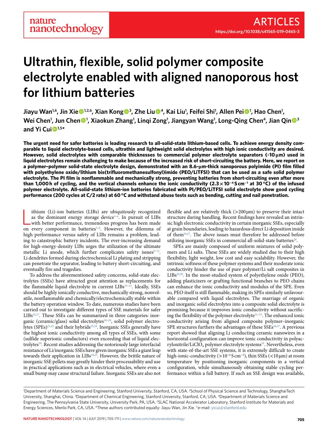 Ultrathin, flexible, solid polymer composite electrolyte enabled with aligned nanoporous host for lithium batteries by unknow