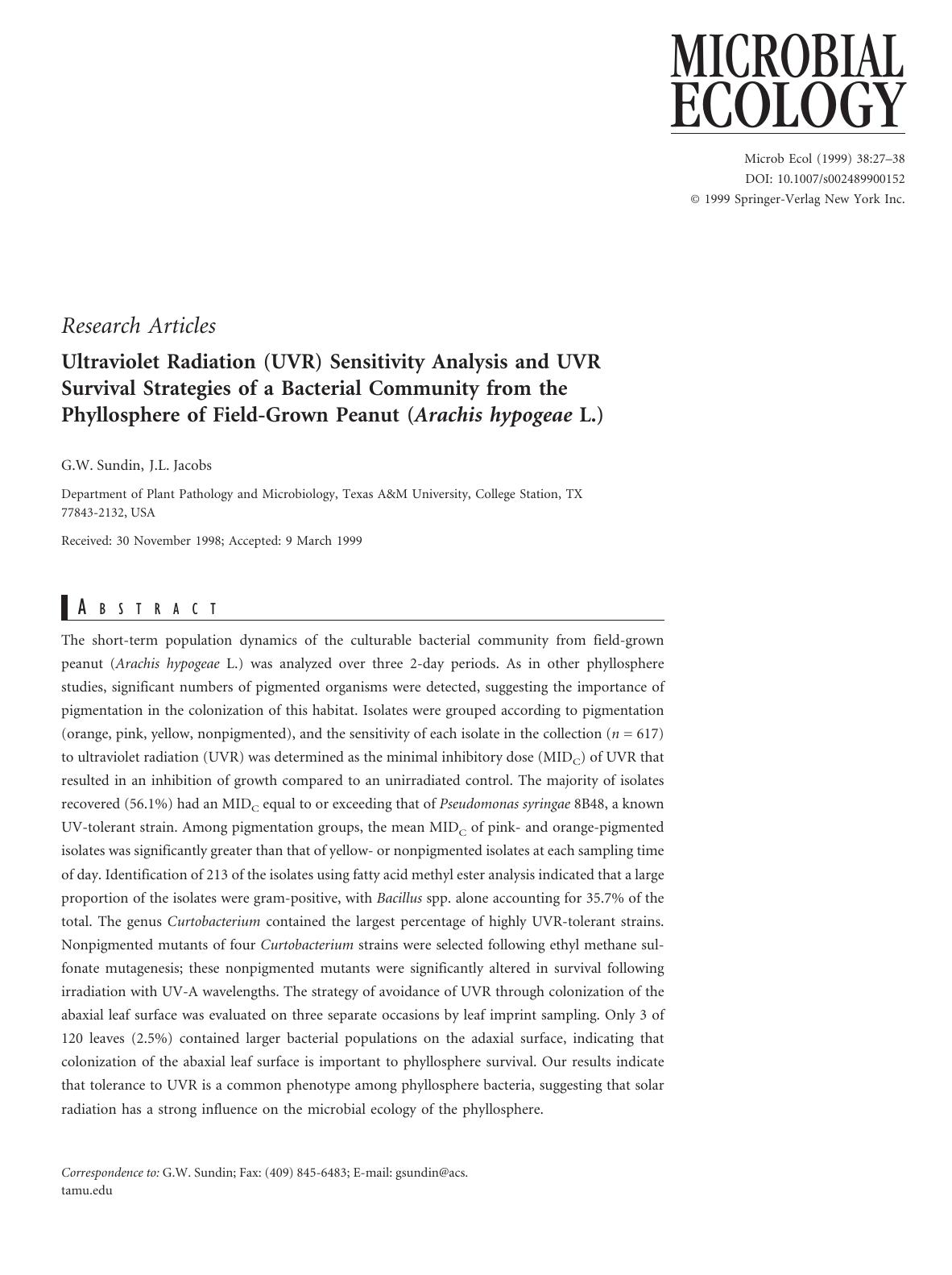 Ultraviolet Radiation (UVR) Sensitivity Analysis and UVR Survival Strategies of a Bacterial Community from the Phyllosphere of Field-Grown Peanut (Arachis hypogeae L.) by Sundin G. et al